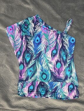 Cache One-Shoulder Peacock Feather Tank Top - Blue, Purple, Teal